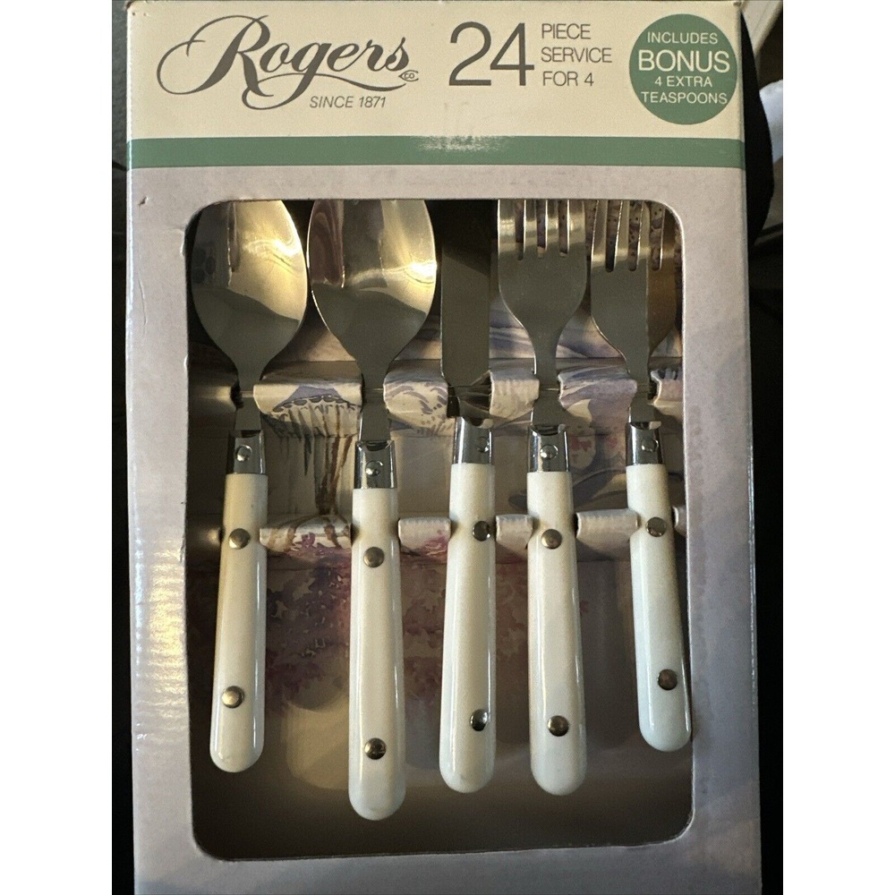 24 Pc Rogers Tango Stainless Flatware Riveted White Handle Fork Spoon‎ Knife NEW